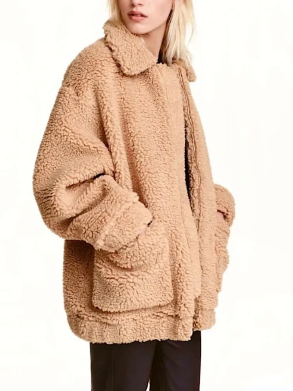 Elodie | Women’s Camel/Tan Zip Front Faux Sherpa Teddy Jacket Front Pockets Sz M